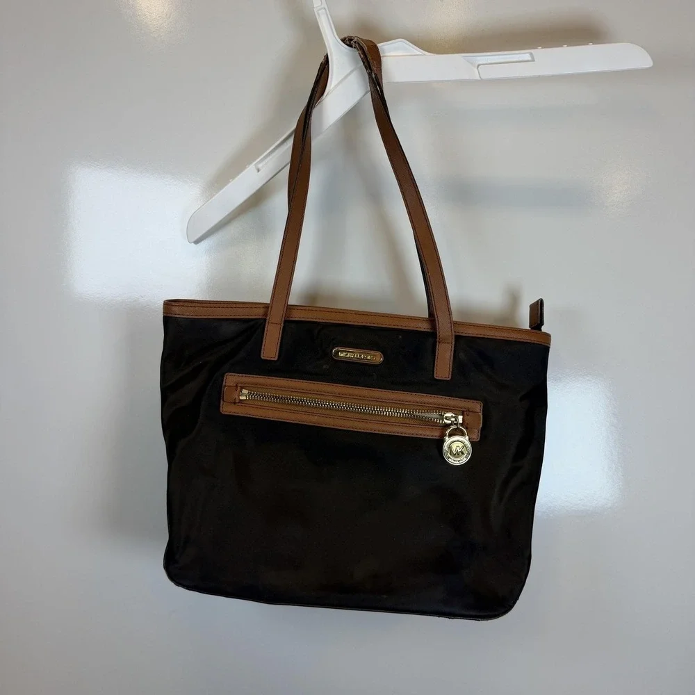 Michael Kors Tote Bag Womens Medium Black Nylon Leather Brown Trim Zip Pockets